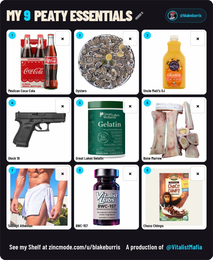 Example My 9 card: a grid of nine favorite supplements, foods and gear, ready to post on 𝕏